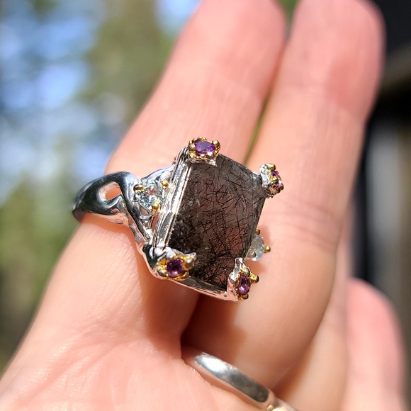 HUGE 9k rutilated quartz Amethyst &Topaz Sterling ring sz9 - Picture 4 of 8